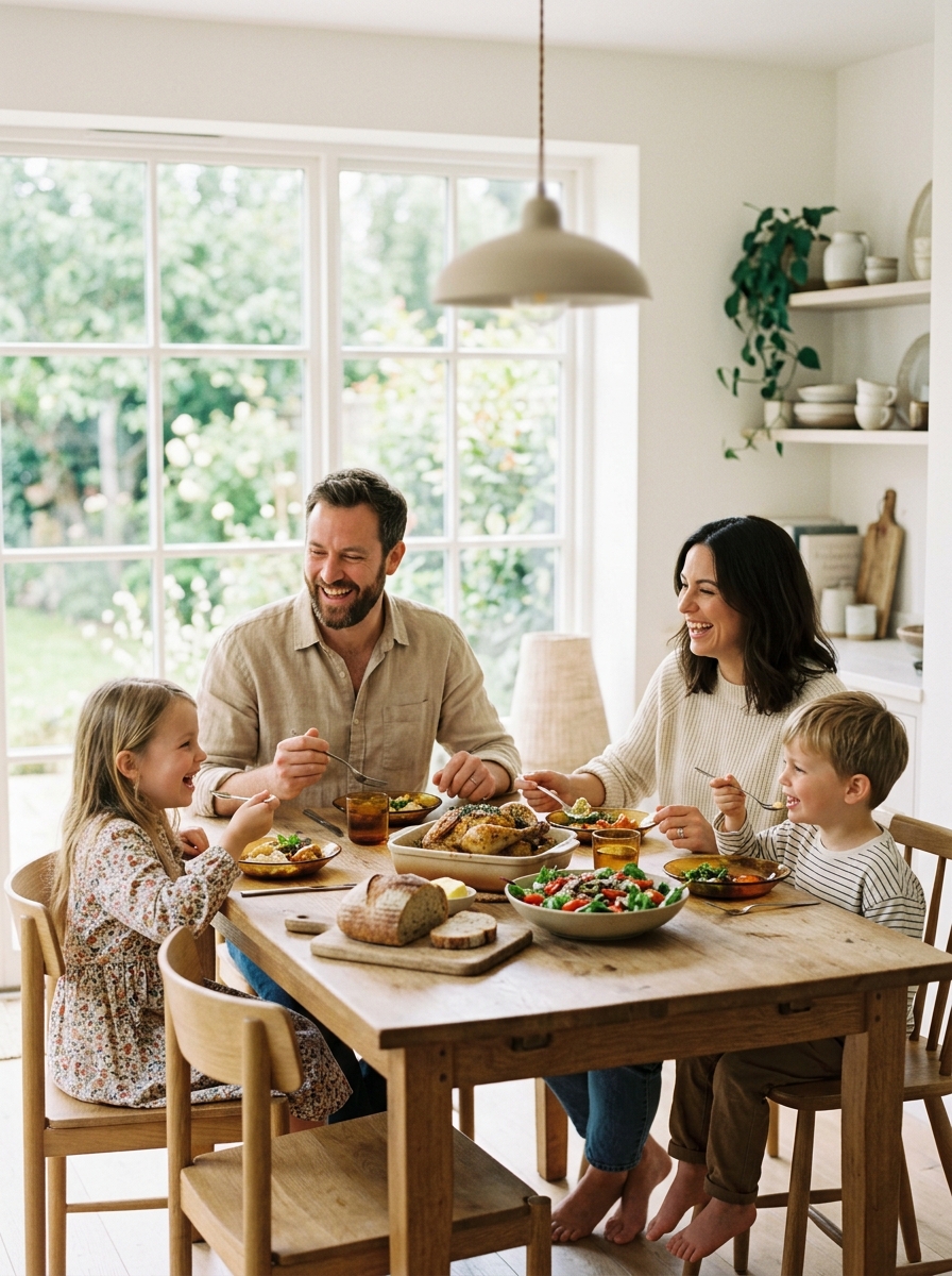 Familia alegre compartiendo una comida saludable