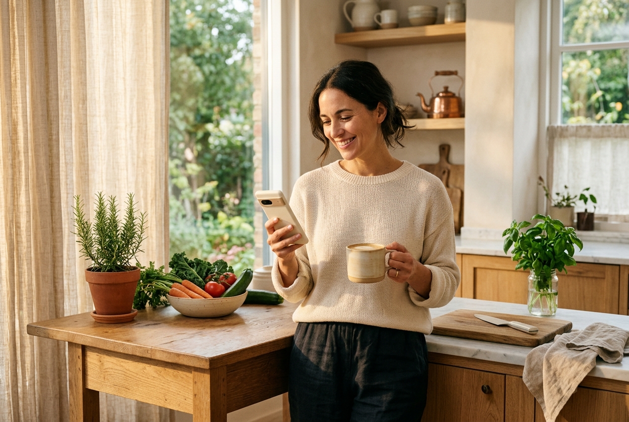 Mujer sonriendo y relajada sosteniendo su taza de café en una cocina luminosa y organizada
