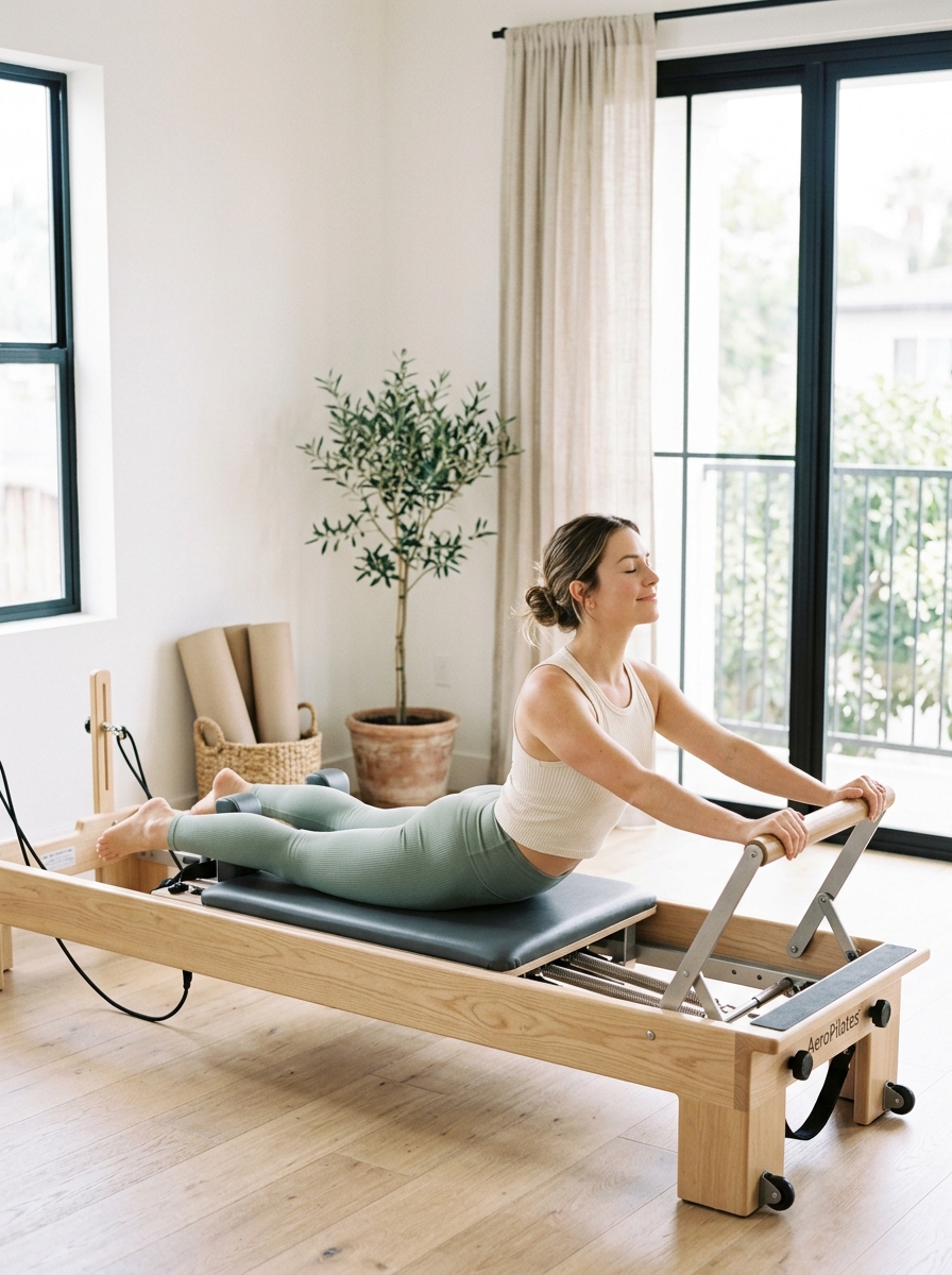 Mujer practicando pilates en reformer, serena y concentrada
