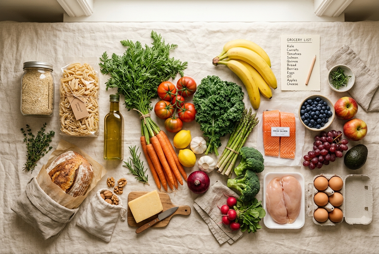 Ingredientes frescos organizados estéticamente sobre un paño de lino con una lista de la compra escrita