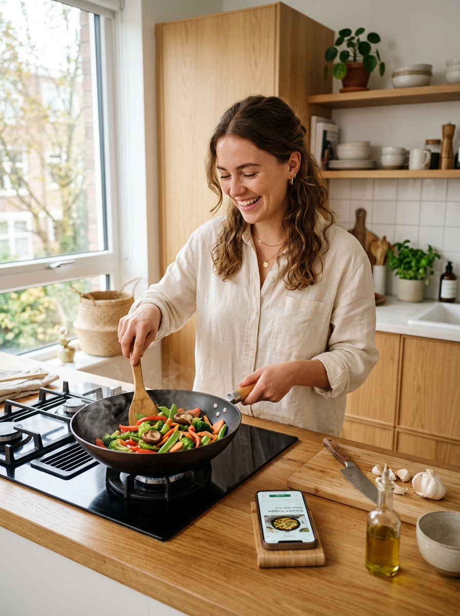 Persona cocinando feliz en su cocina, con Yutori en el móvil, sin necesidad de pedir comida a domicilio