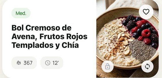 Tarjeta de receta: Bol cremoso de avena, frutos rojos templados y chía